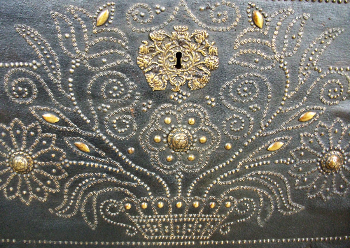 Leather Clad Coffer Marriage Panel with Nailhead details